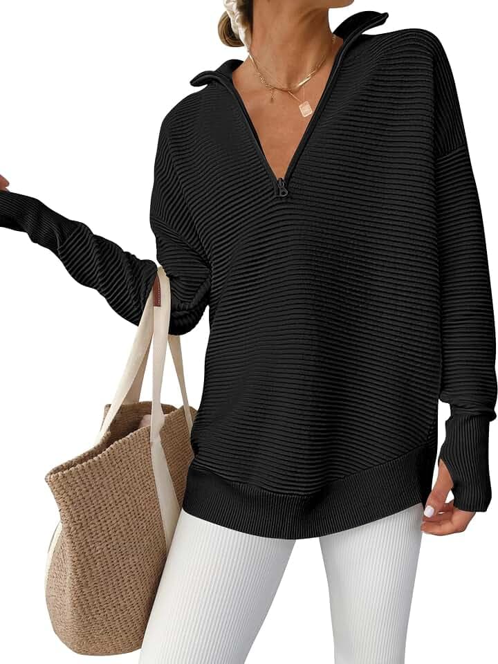 ANRABESS Women Long Sleeve V Neck Fall Sweater Quarter Zip Pullover