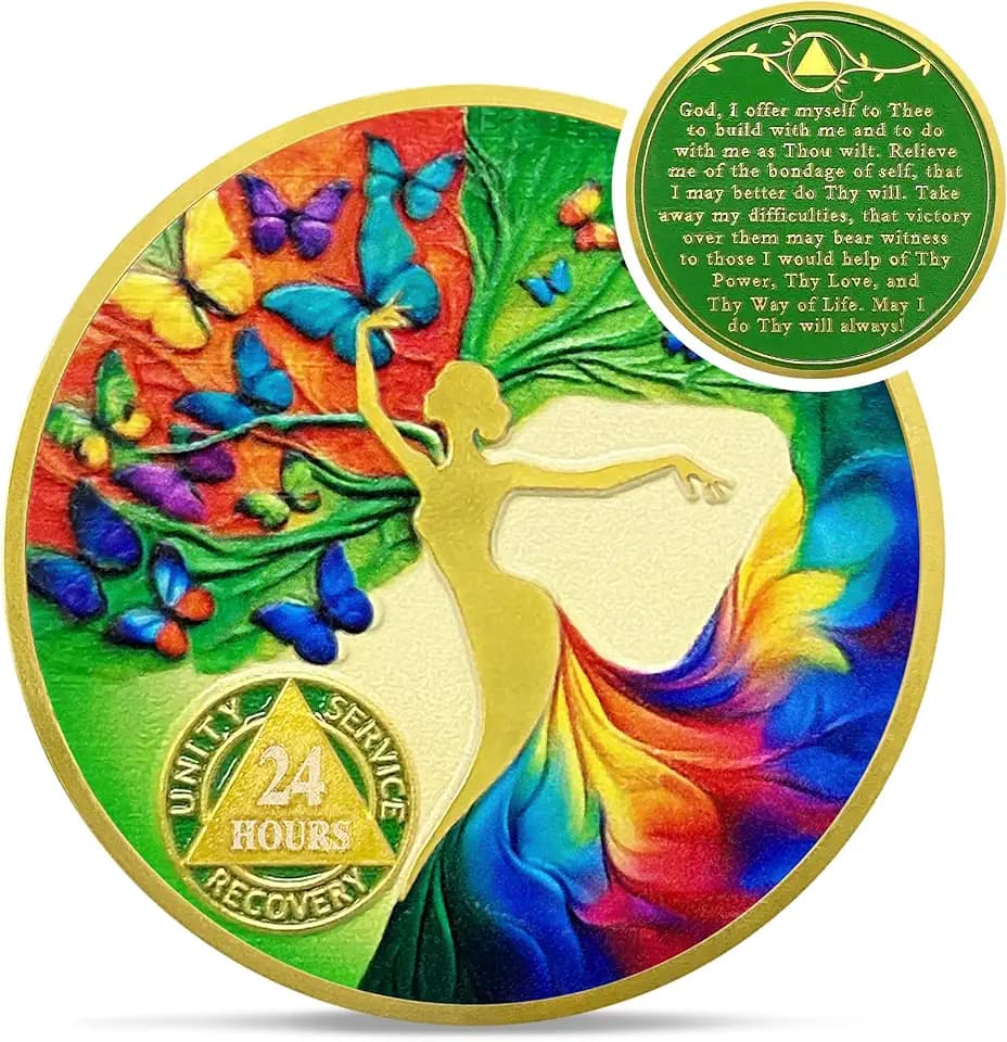 Artsy 24 Hours Sobriety Coin - Colorful Butterfly 1 Day AA Sobriety Chip - Tree of Life Recovery Addiction NA AA Chips and Medallions - 1-20 Years Clean Alcoholics Anonymous Gifts for Women Men