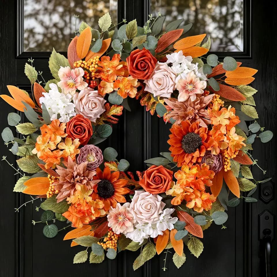Türkranz Herbst 56cm Herbstkranz mit Kunstblumen für Haustür Deko