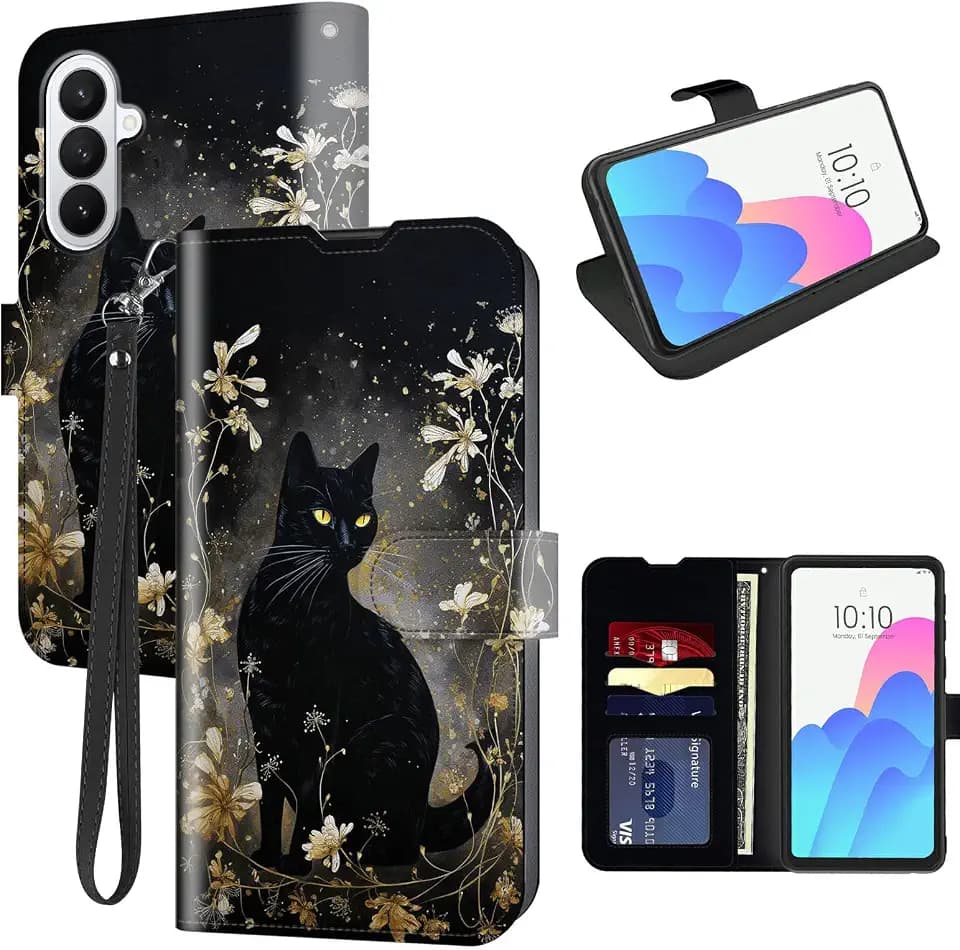 FUYOCWE for Galaxy A17 Phone Case Wallet for Samsung Galaxy A17 Case with Card Holder,PU Leather Folding Kickstand Magnetic Snap Flip Cover w/Wrist Strap-Black Cat with Gold Floral