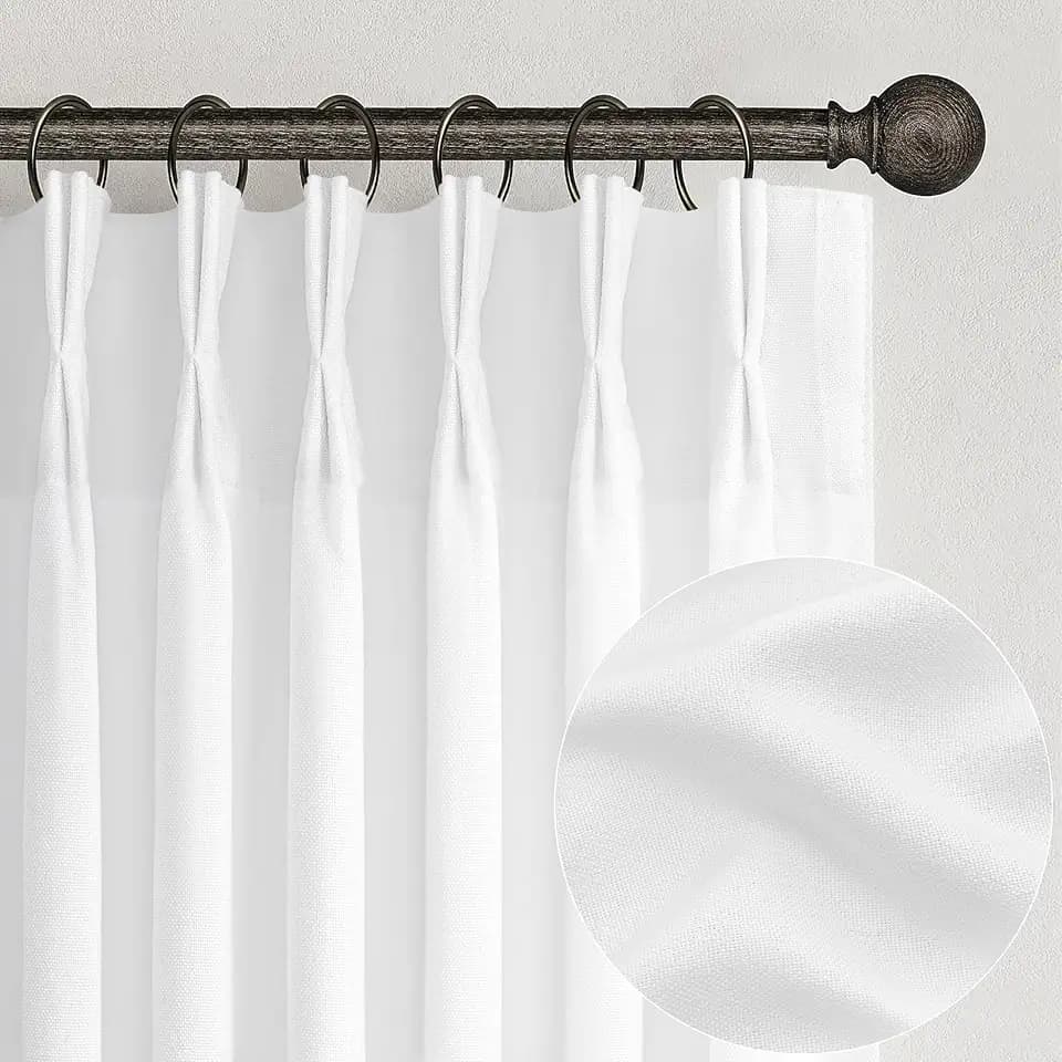 White Linen Curtains 102 Inches Long Tall for Living Room,Semi Sheer Pinch Pleated Curtain for Sliding Door Modern Neutral Light Filtering Privacy Drape with Hooks for Track System W40 xL102 2 Panels
