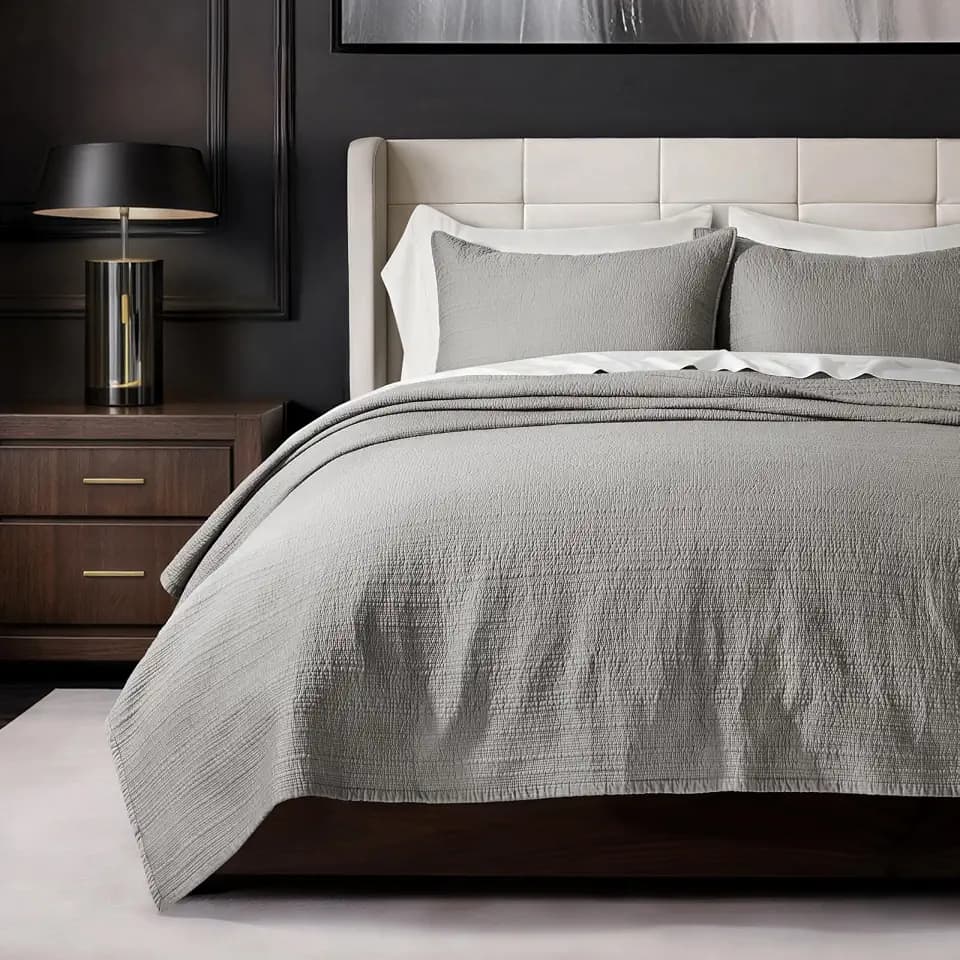 EVERGRACEHOME Cotton Sateen Channel Quilt Set, Queen Size, Fog Gray