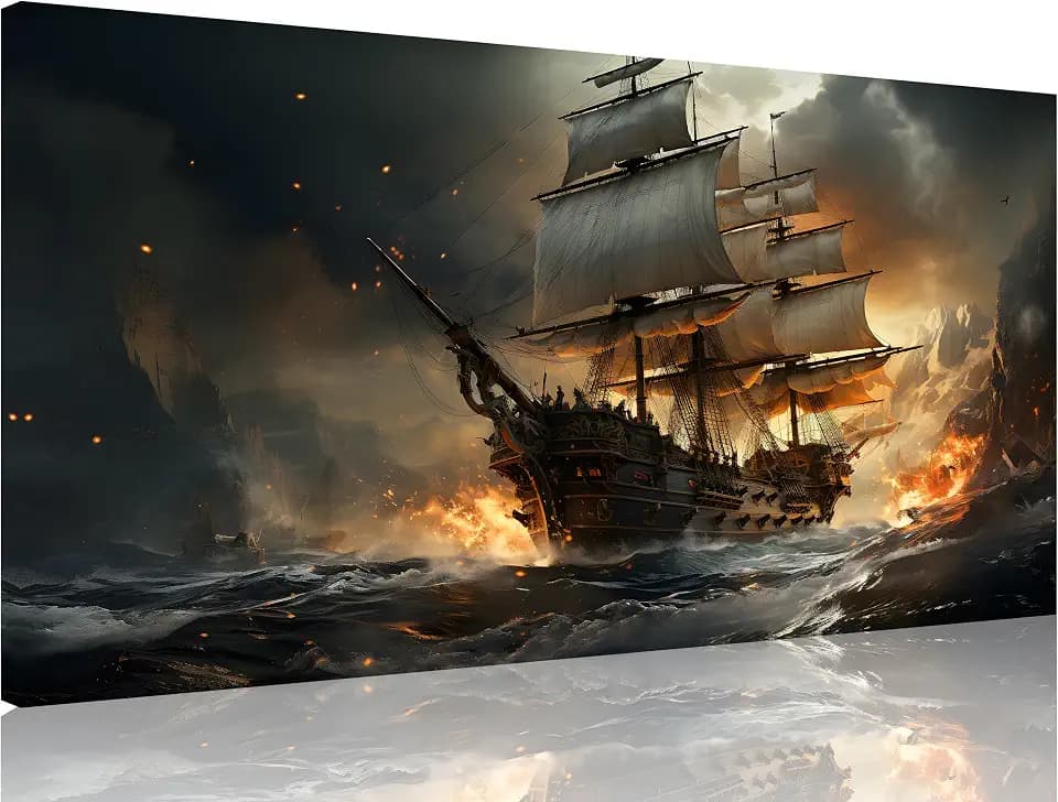 TutuBeer 1 Pcs Pirate Ship Canvas Wall Art Pirate Canvas Wall Art Pirate Pictures Ship Naval Battle Wall Art for Home Decor Pirate Canvas Art Seascape Pictures for Home Decor Decoration 16x32inchx1