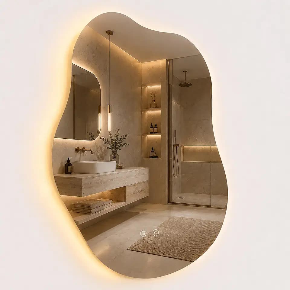 Relaxdays Badspiegel Welle, dimmbare LEDs, beschlagfrei, IP44, 80 x 52 cm