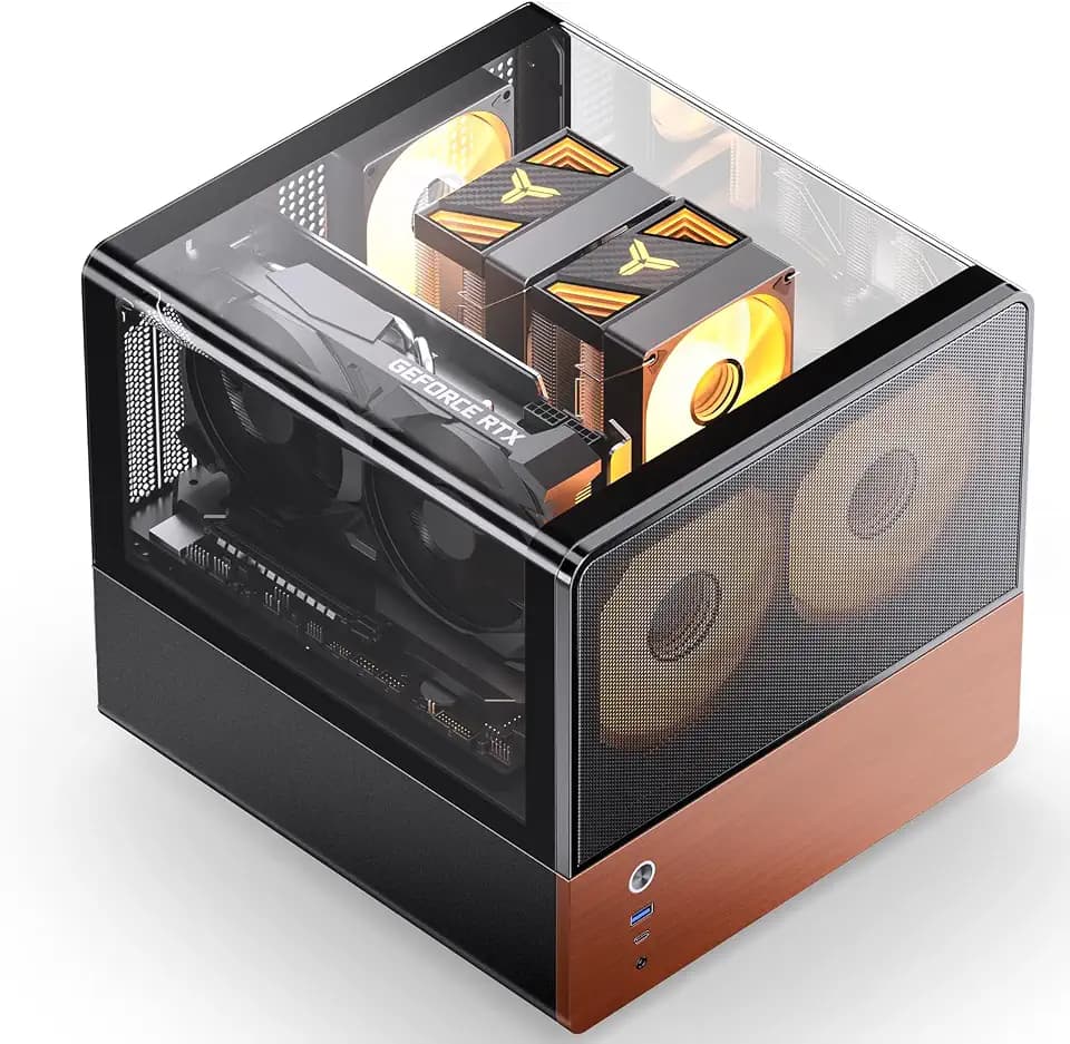JONSBO V12 Black Micro ATX Mid Tower PC Case, Hyperboloid Glass Desktop Design, Separated Cabinet Structure,Walnut Wood,MATX Desktop Computer Chassis, GPU<260mm,ATX PSU,Front 120mm*2(Built-in) Black