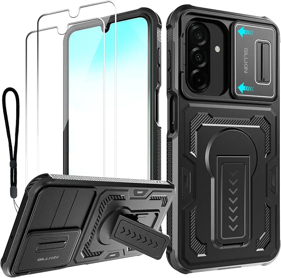 for Samsung Galaxy A16/A17/A26-5G Phone Case with HD Screen Protector(2 Packs)+Slide Camera Cover,Military-Grade Heavy-Duty Shockproof Phone Case with Built-in Folding Kickstand+Lanyard, Black