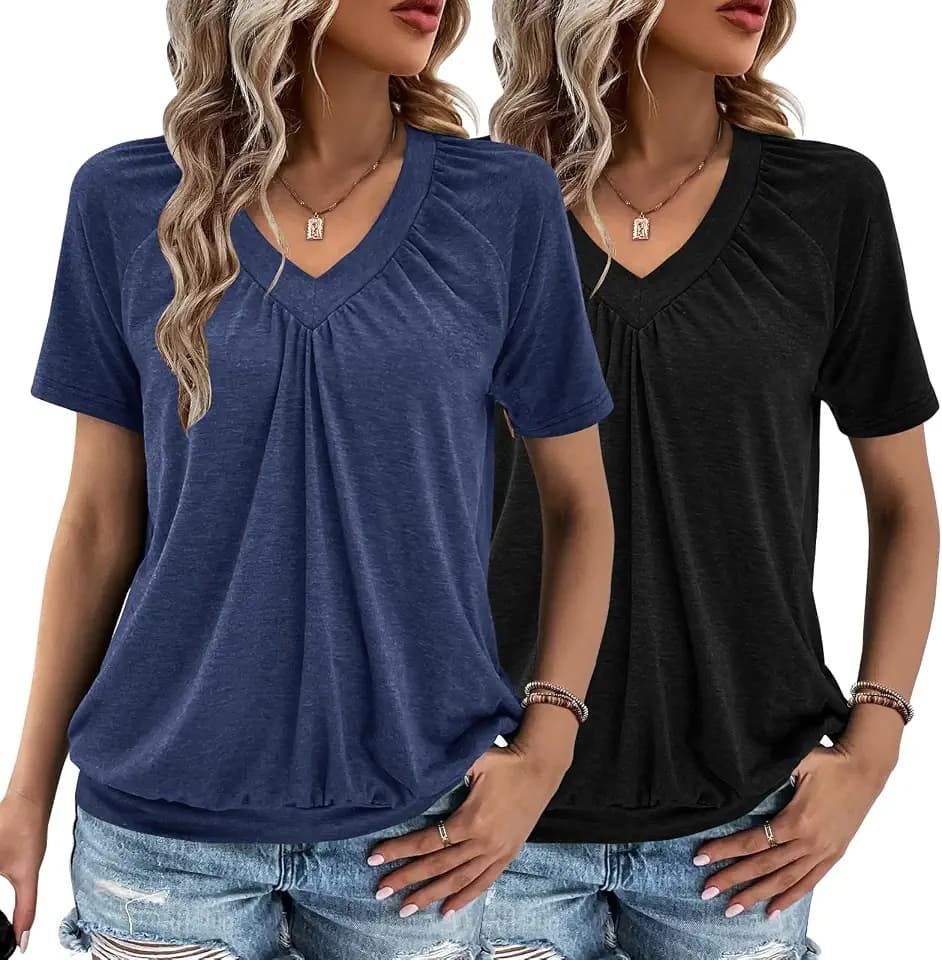 2 Pack Summer Tops for Women V Neck Shorts Sleeve Casual Ruched Tops Women T Shirts Clothes Trendy 2026