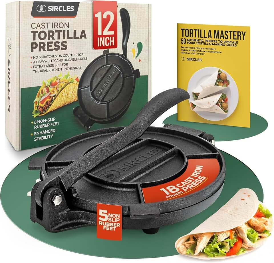 SIRCLES Cast Iron Tortilla Press 12 Inch – Heavy Duty Tortilla Press for Homemade Corn & Flour Tortillas, Prensa para Tortillas - Durable & Pre-Seasoned Kitchen Tool