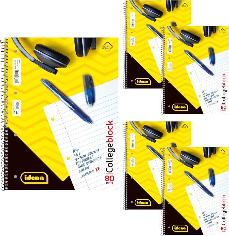 Idena 90366-5 Stück Collegeblock A4 mit 80 Blatt liniert und Doppelrand, Block mit Spiralbindung, 70g/m² Papier 4-fach gelocht und perforiert