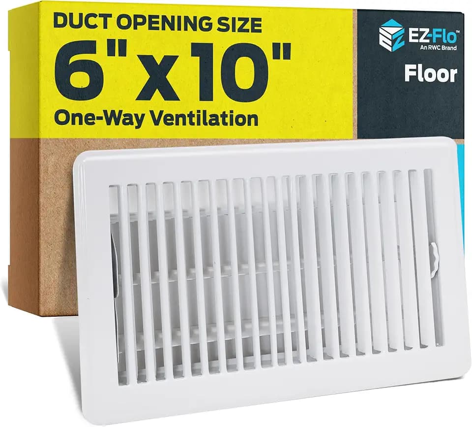 EZ-FLO 6 x 10 Inch (Duct Opening) Floor Register Vent Cover, One-Way Ventilation Register Diffuser, Solid Steel HVAC Air Vent Cover, White, 61637