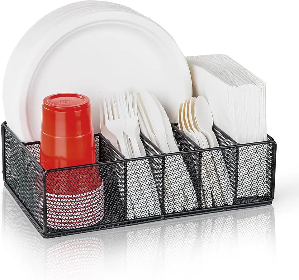 Paper Plate Organizer for Countertop, Metal Silverware Caddy for Cup, Napkin, Fork, Spoon, Paper Plate and Utensil Holder, Cutlery Caddy for Party, Camping, Picnic (Black)