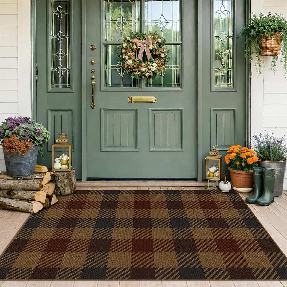 Easy Jute Front Porch Layering Rug 27.5" x 43", Brown & Red Buffalo Plaid