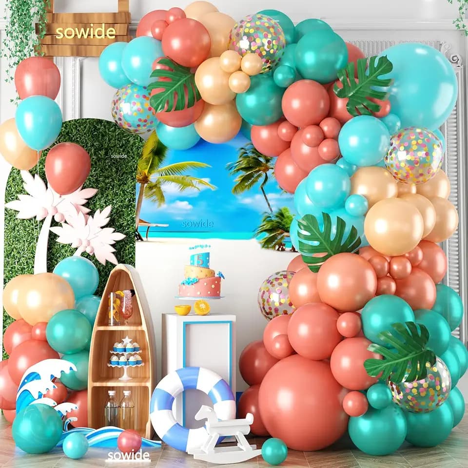 Aqua Blue Coral Pearl Balloon Arch Kit, Tropical Hawaii Party Decorations