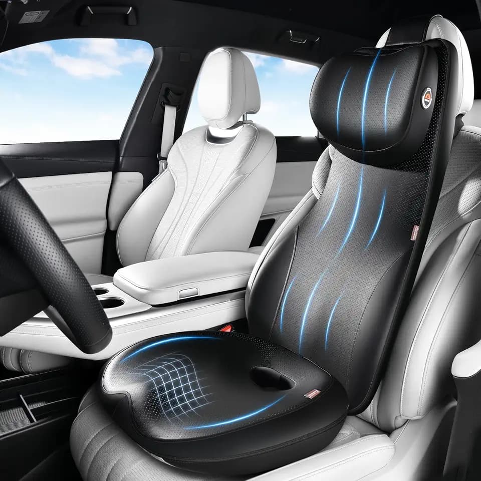 Coverado Car Seat Cushion and One Piece Lumbar Support Headrest Pillow, Adjustable Velcro Design Car Neck Pillow, Ergonomic Memory Foam Car Back Support Driving Seat Cushion for Back Pain Relief,Black
