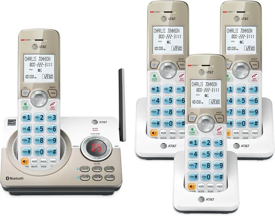 AT&T DECT 6.0 Cordless Phone, 4-Handset – Smart Call Blocker, Bluetooth Connect to Cell, Answering Machine, 1.8" Backlit Display | DL72419