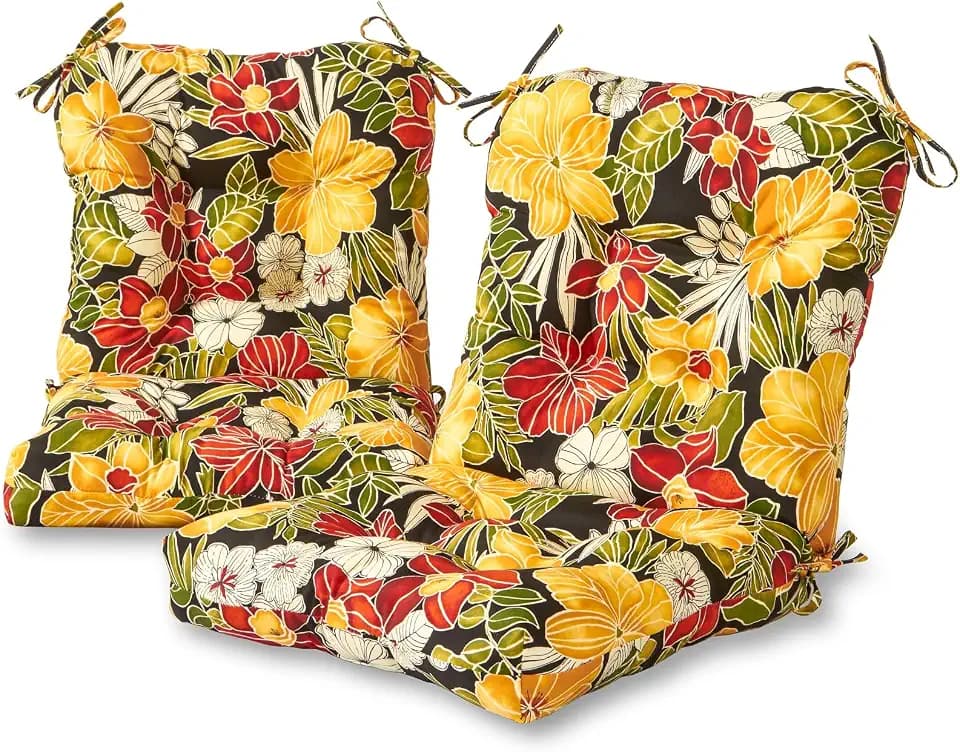 Tufted Outdoor Chair Cushions – Hinged One-Piece Design, Reversible Patio Seat & Back Cushion with Ties, Durable Polyester Fabric, Recycled Polyfiber Fill, Set of 2, Aloha Black Floral