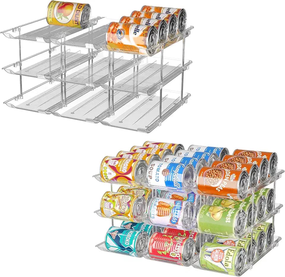 Can Organizer for Pantry, 3 Tier Stackable Rolling Can Storage Rack 2 Pack
