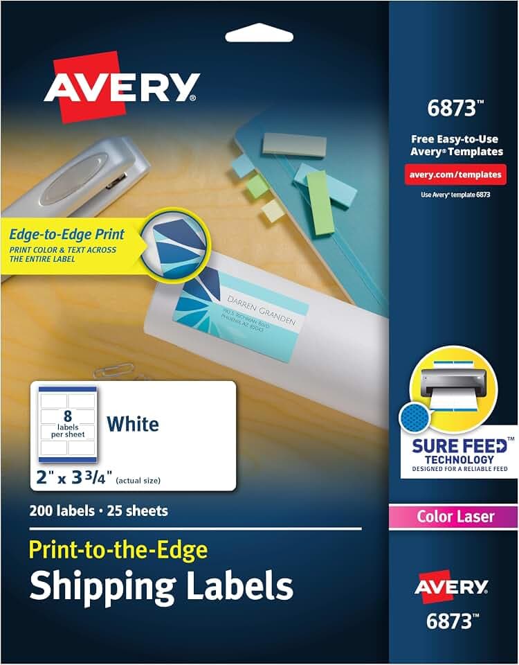 Avery® Print-to-the-Edge Printable Shipping Labels, 2" x 3.75", Matte White, Sure Feed® Technology, Laser & Inkjet Compatible, 200 Blank Labels, Great for Mailing, Branding, and More (6873)