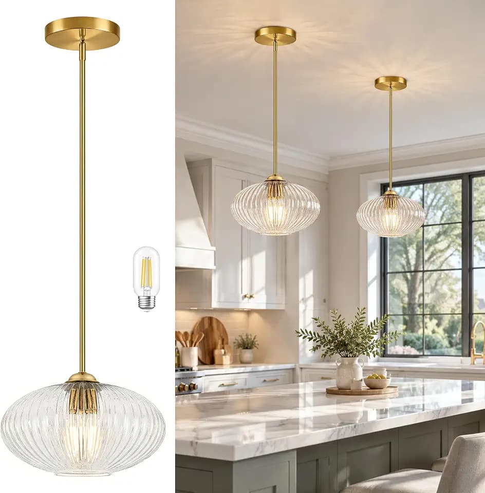 10" Mid Century Modern Pendant Light Clear Vintage Pendant Lights Kitchen Island Ribbed Glass Pendant Light Adjustable Hanging Pendant Light for Dining Room Bedroom (Bulb Included)