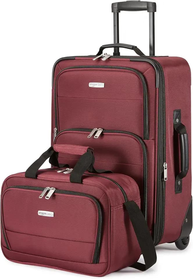 Amazon Basics 2-Piece Softside Luggage Set, 23-Inch Expandable Suitcase with Wheels and 15-Inch Tote, Front Pockets, Telescopic Handle, Burgundy