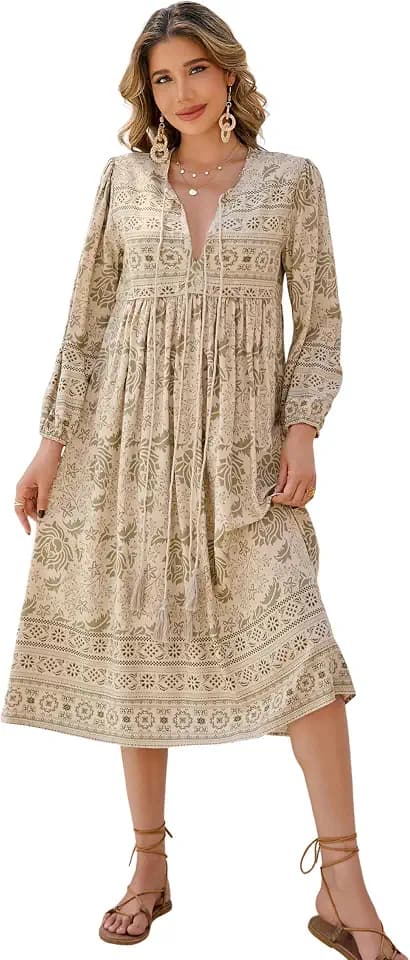 R.Vivimos Women's Long Sleeve Casual Boho Floral Midi Dresses