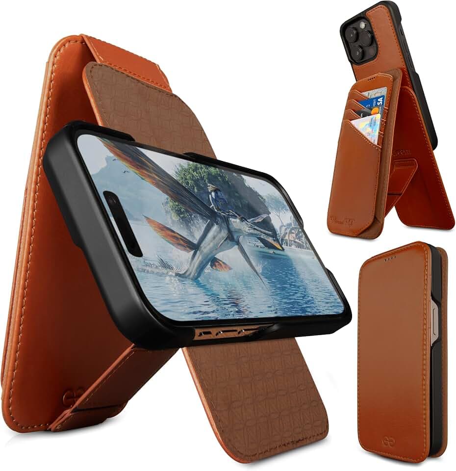 Dreem Fibonacci Flip 15 Pro Max Wallet Case für iPhone - abnehmbare Folientasche aus Vegan-Leder mit RFID-Schutz, stoßfest, MagSafe-kompatibel [Karamell]
