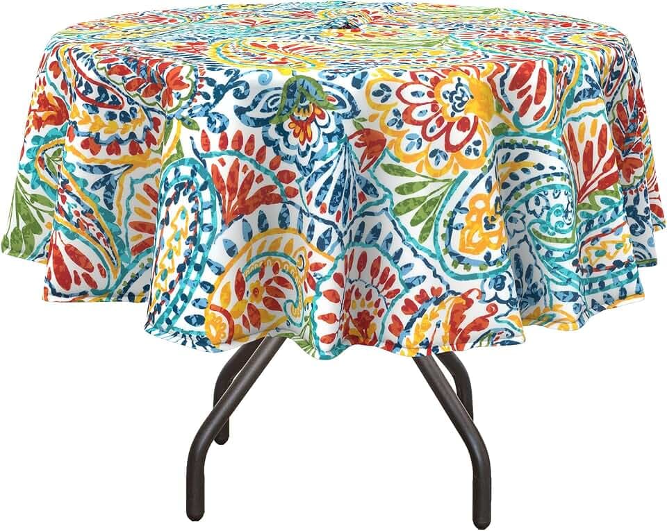 DYTXIII Outdoor Round Tablecloth with Umbrella Hole 60 Inch, Water Repellent & Fade Resistant Table Cover, All Weather Outdoor Tablecloth for Garden & Party Table, Paisley Multi