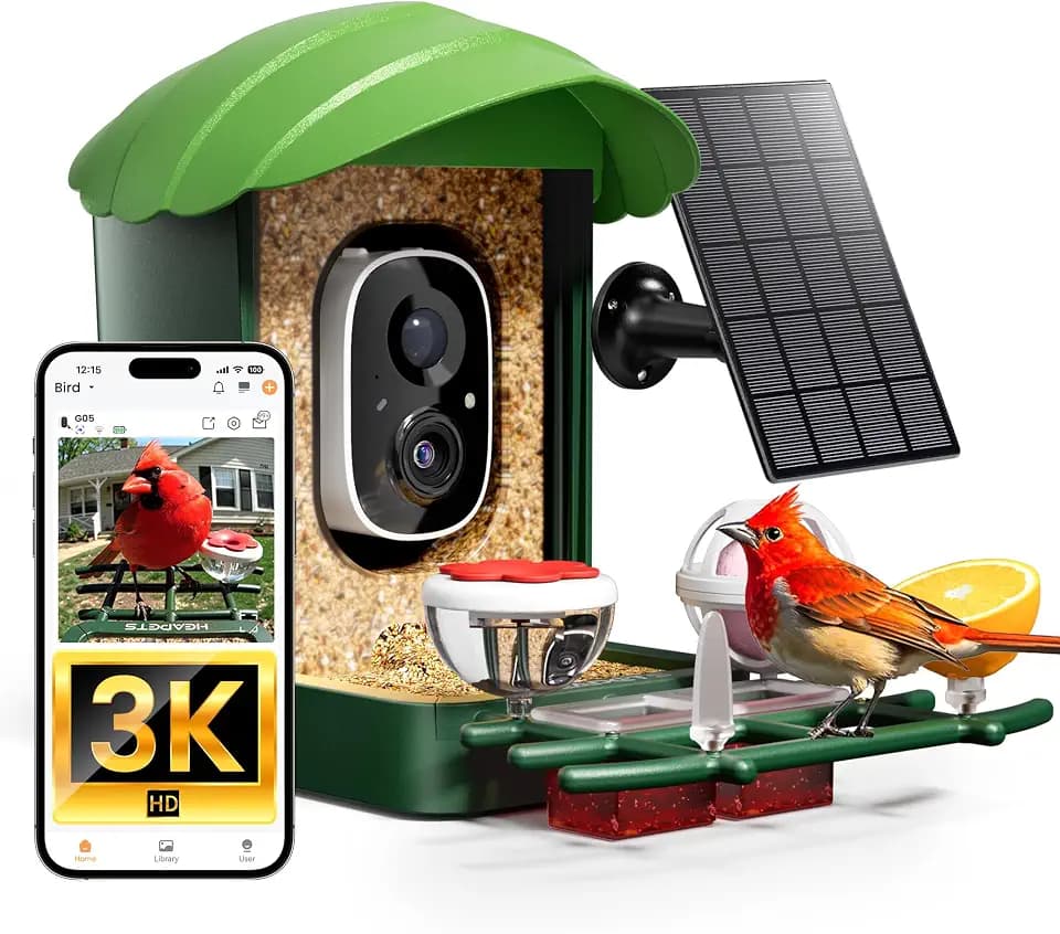 Smart Bird Feeder with Camera, 3K HD Live Stream, AI Species Identification, Solar Powered, Instant Motion Alerts, IP65 Weatherproof Outdoor Gifts for Bird Lovers, Green