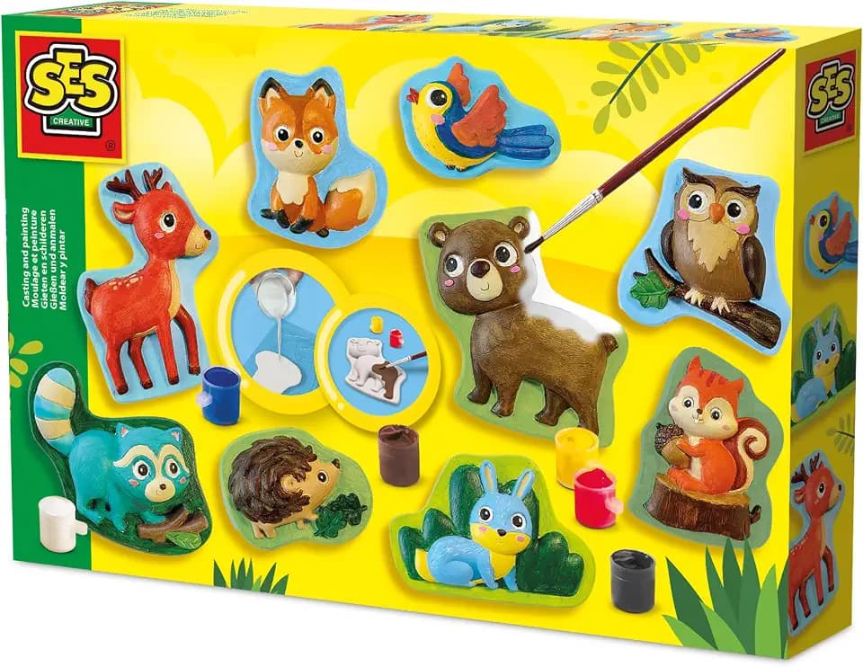 SES Creative Gips zum Gießen set | Waldtiere | Gipsfiguren zum bemalen | Bastelset | Schnell trocknend | Made in Holland | für Kinder ab 5 Jahren | 6 Farben | 01134
