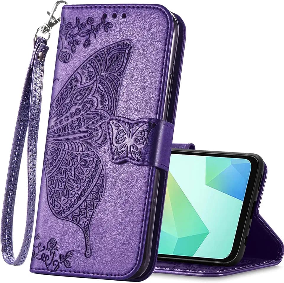 for Samsung Galaxy S26 Ultra Wallet Case,Women Flip Folio Cover Credit Card Holders Emboss Butterfly Flower PU Leather Purse Wrist Strap Kickstand Phone Case for Samsung Galaxy S26 Ultra Purple