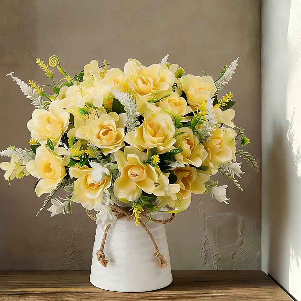 LESING Künstliche Blumen mit Vase, künstliche Seidenblumen in Vase, Gardenie, Blumen, Dekoration für Zuhause, Tisch, Büro, Party (Champagner)