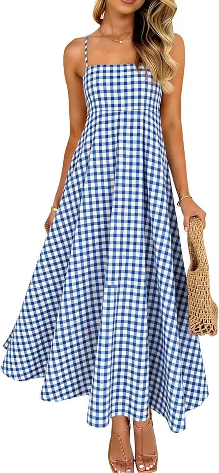 SKIKYAN Women's Gingham Spaghetti Strap Maxi Dress Square Neck Sleeveless Casual A-Line Long Dress for Summer Beach