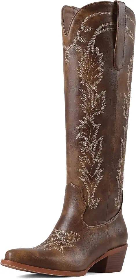 femflame Cowboy Boots for Women Cowgirl Knee High Boots Wide Calf Leather