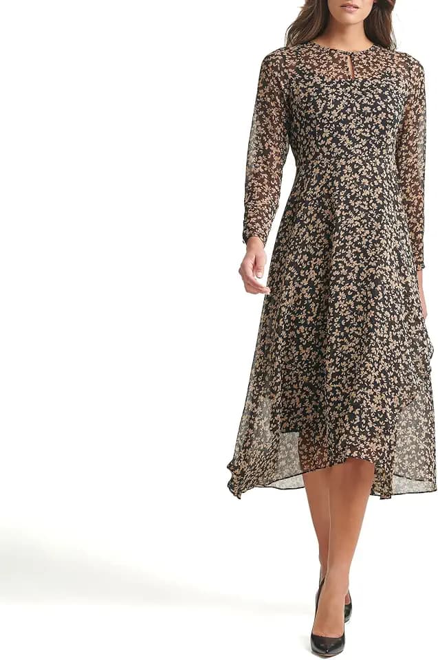 Tommy Hilfiger Women's Long Sleeve Keyhole Neck Chiffon Hi-lo Midi Dress