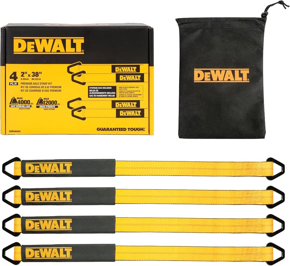 DEWALT 2"×38"×12,000 lbs Heavy-Duty Axle Tie-Down Straps Kit, 4-Pack + Bag