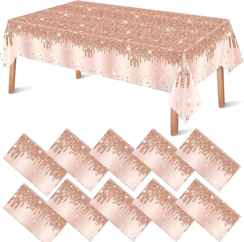 VitalCozy 12 Pack Rose Gold Tablecloth Glitter Diamond Plastic Table Cover Sequin Printed Tablecloth Party Decorations for Halloween Birthday Wedding Anniversary Party Supplies, 54x108 Inch