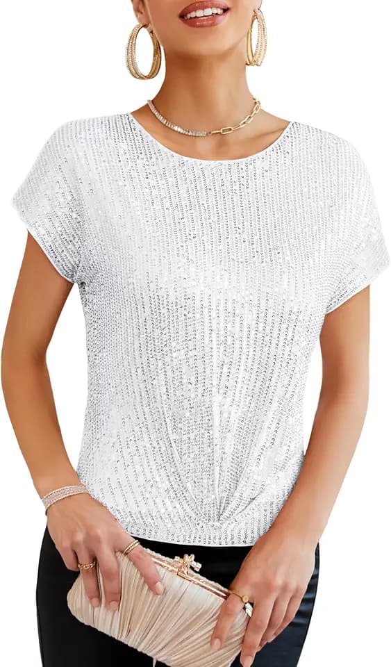 GRACE KARIN Damen Kurzarm Rundhals Glitzer Pailletten Tank Top Elegant Glänzendes Bluse Party Cocktail Oberteil
