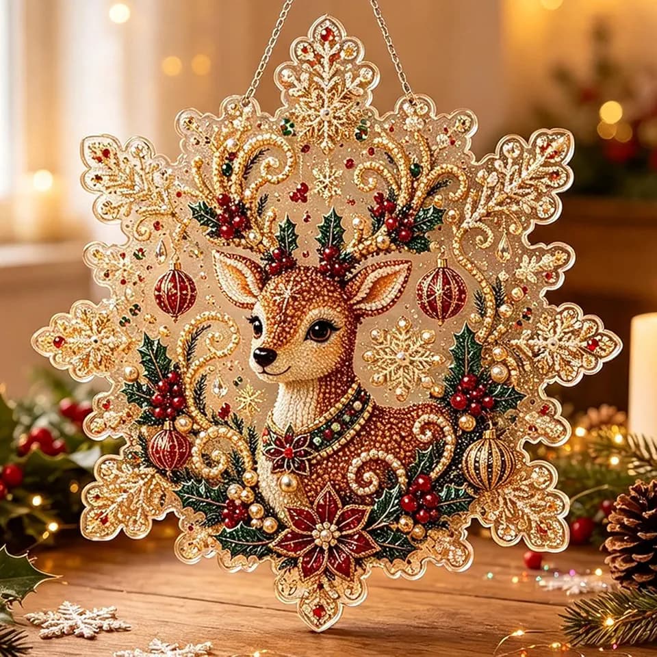 Aniugyaxueg Christmas Pearl Diamond Art Painting Suncatch Kit, DIY Craft, Pre-Assembled Metal Chain, Acrylic Round Board, 3D Mixed-Sized Pearl Beads Craft, Festive Window Wall Decor