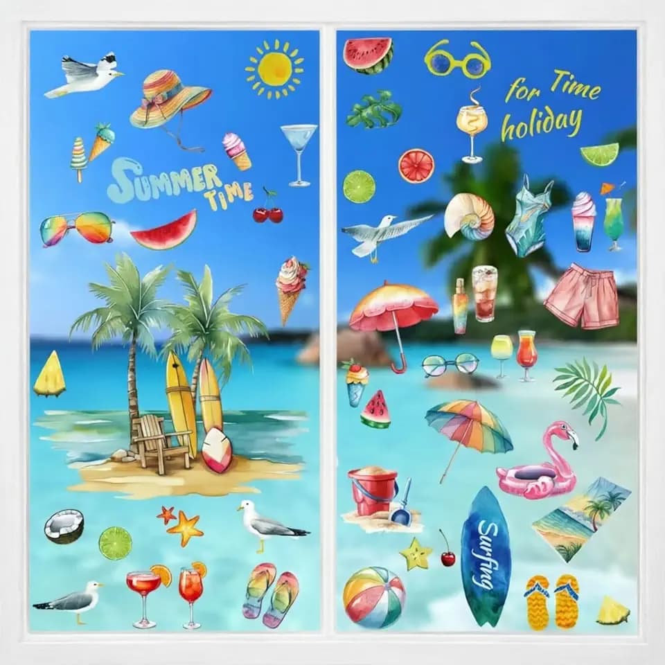 9 Sheets Summer Window Stickers, Window Clings for Glass Windows,Window Decals with Patterns Featuring Various Motifs,Summer Decorations for Home Office Classroom