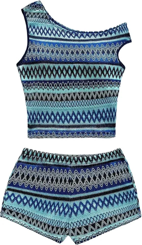 Verdusa Women's 2 Piece Striped Set Crochet Off Shoulder Tops and Shorts