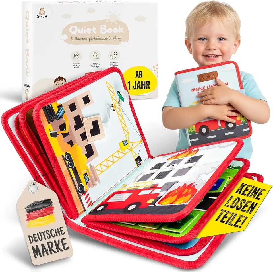 SpielLieb® Montessori Quiet Book ab 1 Jahr - Busy Board ab 1 Jahr mit Fahrzeugen - Quiet Book & Motorikspielzeug, ideale Beschäftigung für Autofahrten - Geschenk Junge & Mädchen (Rot)