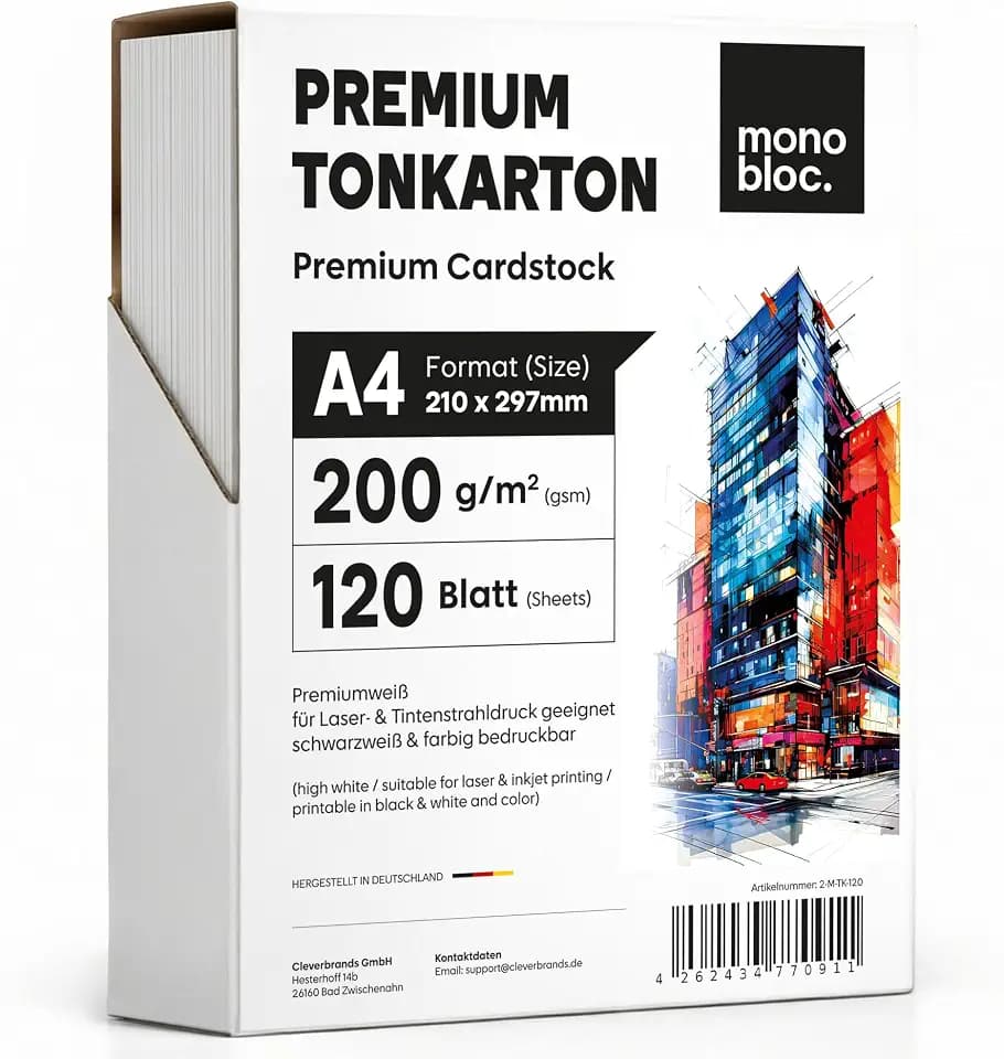 120 Blatt Papier 200g/m² Weiß Matt, PREMIUM PAPIER Reinweiß DIN A4-21 x 29,7 cm - Dicker Tonkarton zum Drucken für Laserdrucker & Tintenstrahl - Fotopapier - Beidseitig bedruckbar