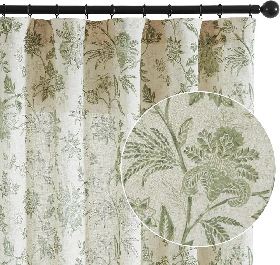 jinchan Green Floral Linen Curtains 84 Inch Vintage Back Tab 2 Panels