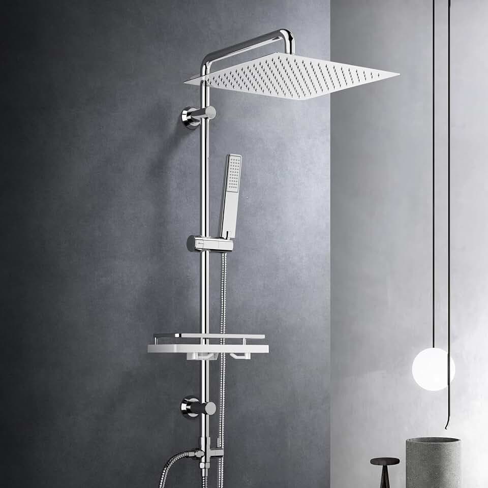 Görbach Edelstahl Duschset Regendusche Duschsystem ohne Armatur mit Verstellbarer Duschstange, Kopfbrause 30x30 cm und Duschablage Chrom