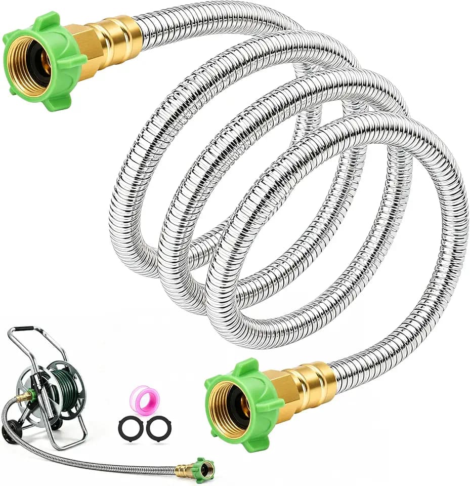 5FT Short Garden Hose Female to Female – Stainless Steel Leader Hose for Hose Reel, Kink-Free Flexible Metal Water Hose, Leakproof Durable Designy for Outdoor Garden, Pet Washing, Car