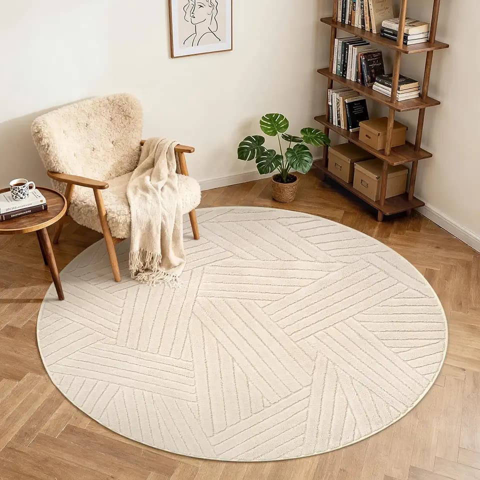 BEIMO Beige Runder Teppich, Waschbar & rutschfest, Ø120 cm | Weiche 3D-Optik im modernen Boho-Stil für Wohnkomfort im Wohn- oder Schlafzimmer