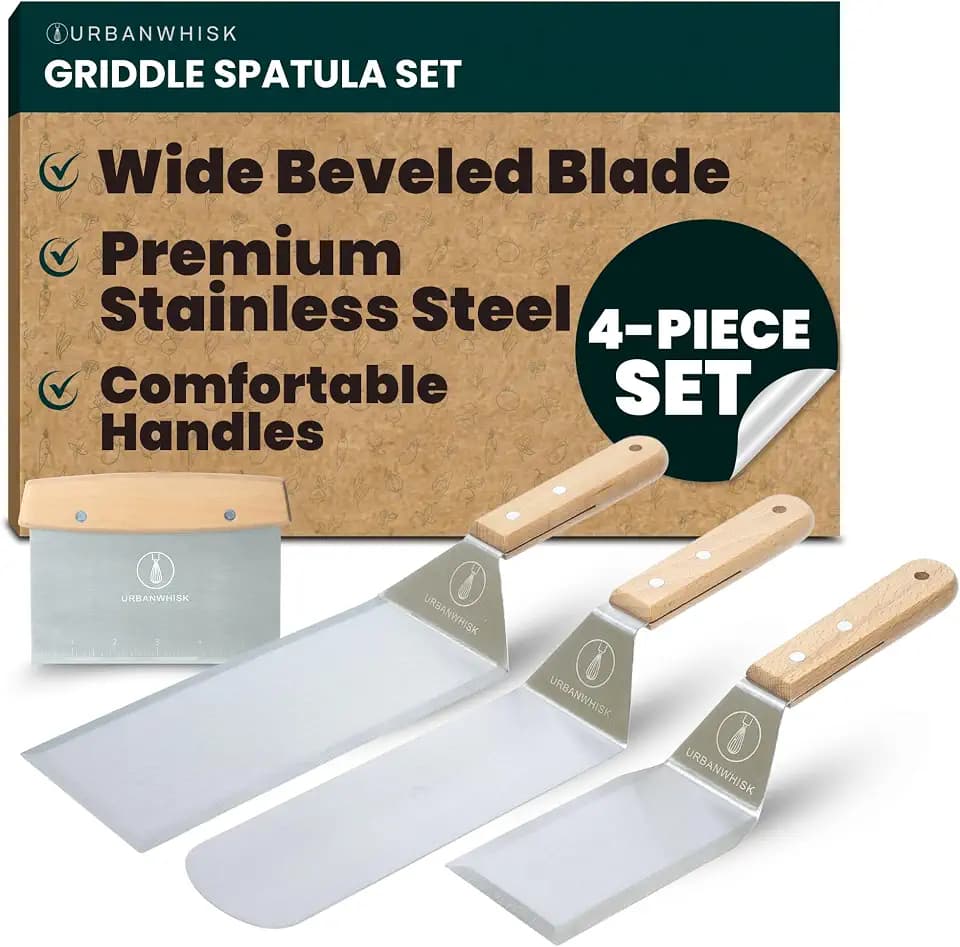Griddle Spatula Set of 4 – Heavy Duty Stainless Steel Grill Spatula - Smash Burger Turner with Heat-Resistant Wooden Handle, Wide Beveled Edge Metal Spatulas for Flat Top, Cast Iron & BBQ