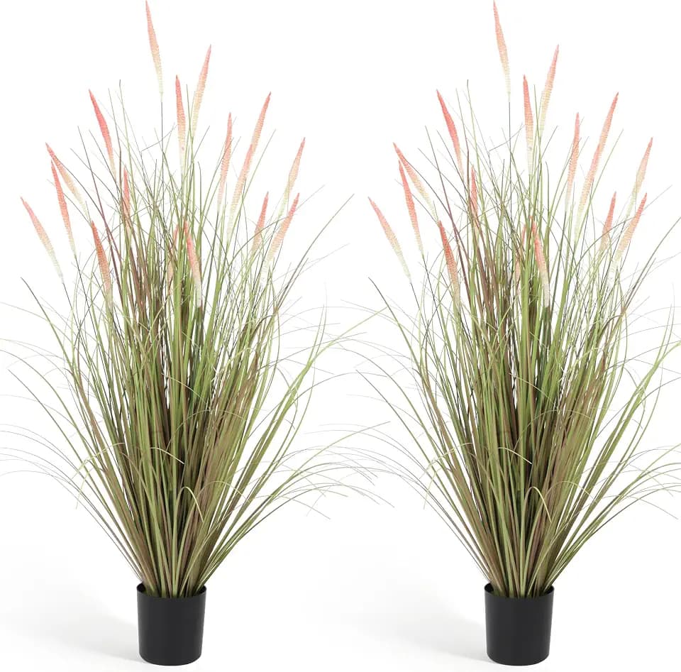 Artificial Plants Onion Grass 3ft Faux Cattail Reed Wheat Grass Fake Onion Shrubs Greenery Plant in Pot for Indoor Outdoor Home House Garden Office Room Decor -Pink 2Pack