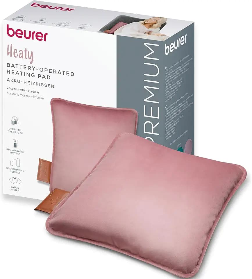 Beurer Heaty Heizkissen, kabelloses Heizkissen mit Akku, Wärmekissen mit Abschaltautomatik und 3 Temperaturstufen, mit Schnellheizung, weicher Samtstoff, blush-rose/rosa