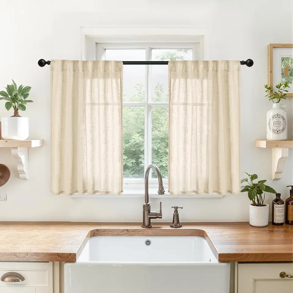 YoungsTex Burlap Linen Curtains 36 Inch Length - Small Drapes with Back Tab Rod Pocket Semi Sheer Lightweight for Bathroom Kitchen Window Over Sink, 2 Panels, 34 X 36 Inch